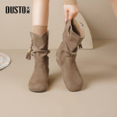 大东勃肯短靴女2025新款秋冬复古棕色美拉德流苏堆堆靴西部牛仔靴