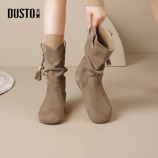 大东勃肯短靴女2025新款 秋冬复古棕色美拉德流苏堆堆靴西部牛仔靴