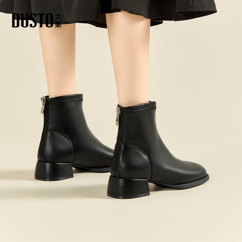 大东官方正品黑色方头粗跟短靴