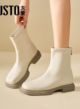 大东马丁靴女秋冬加绒2026新款小踝靴方头瘦瘦靴白色靴子法式短靴