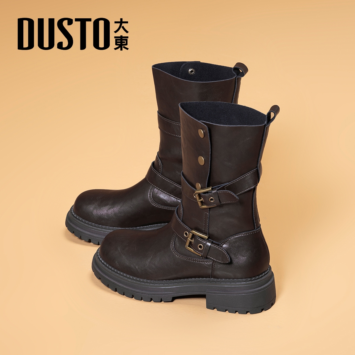 大东官方正品黑色厚底中筒靴粗跟