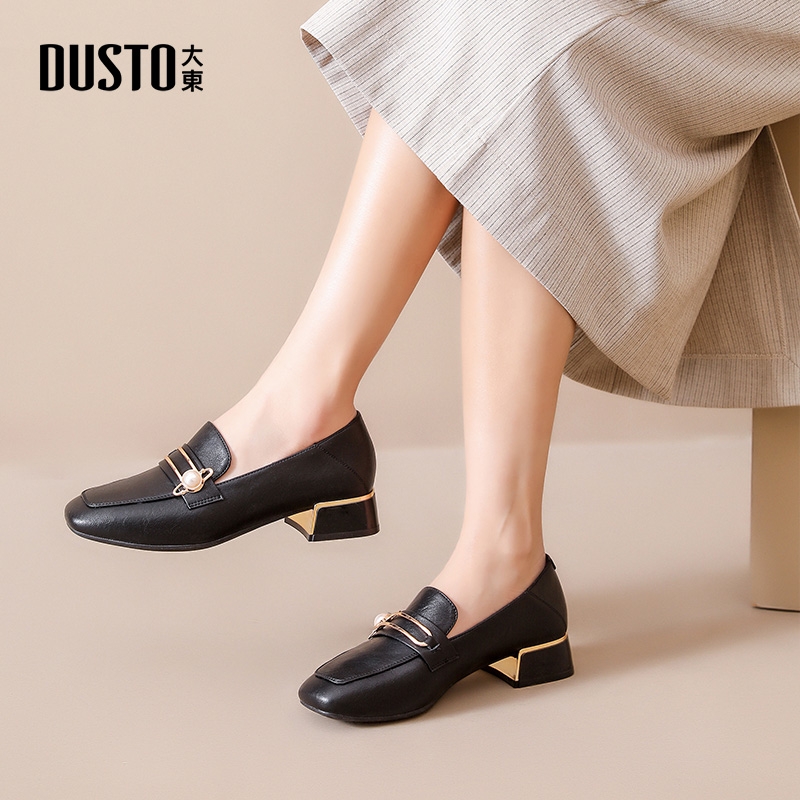 大东官方正品黑色中跟粗跟乐福鞋