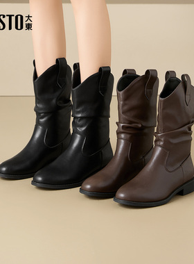 大东黑色加绒短靴女2025新款秋冬西部牛仔堆堆靴子百搭中筒骑士靴