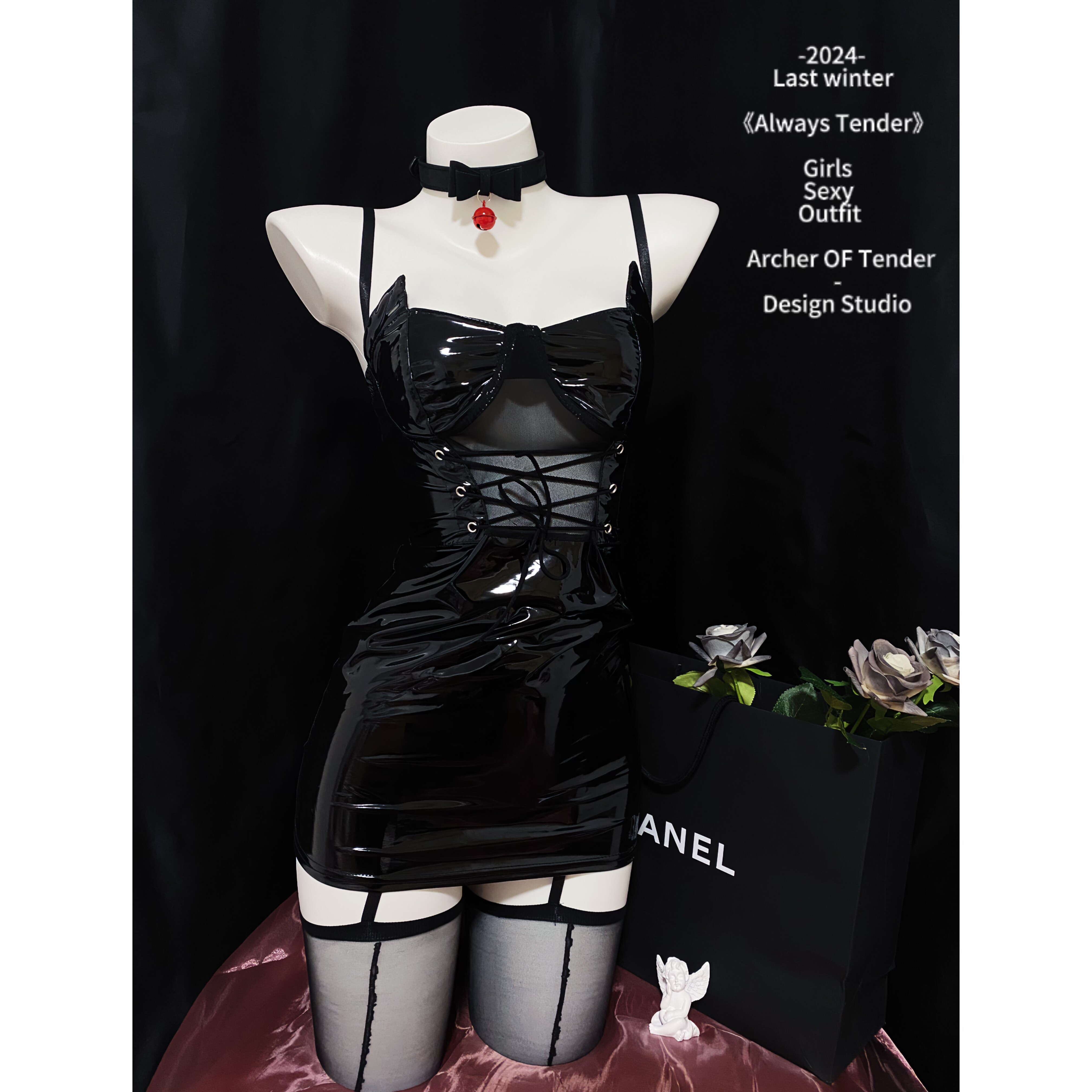 ArcherOFTender/暗夜精灵的kiss 性感吊带包臀裙漆皮情趣制服套装