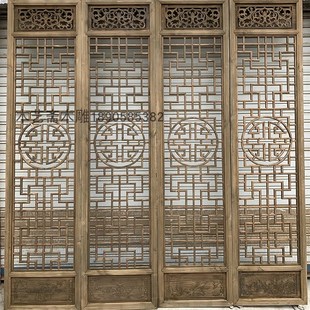 极速东阳木雕 仿古门窗 做旧w2.5米格子大门 中式实木栅栏格子隔