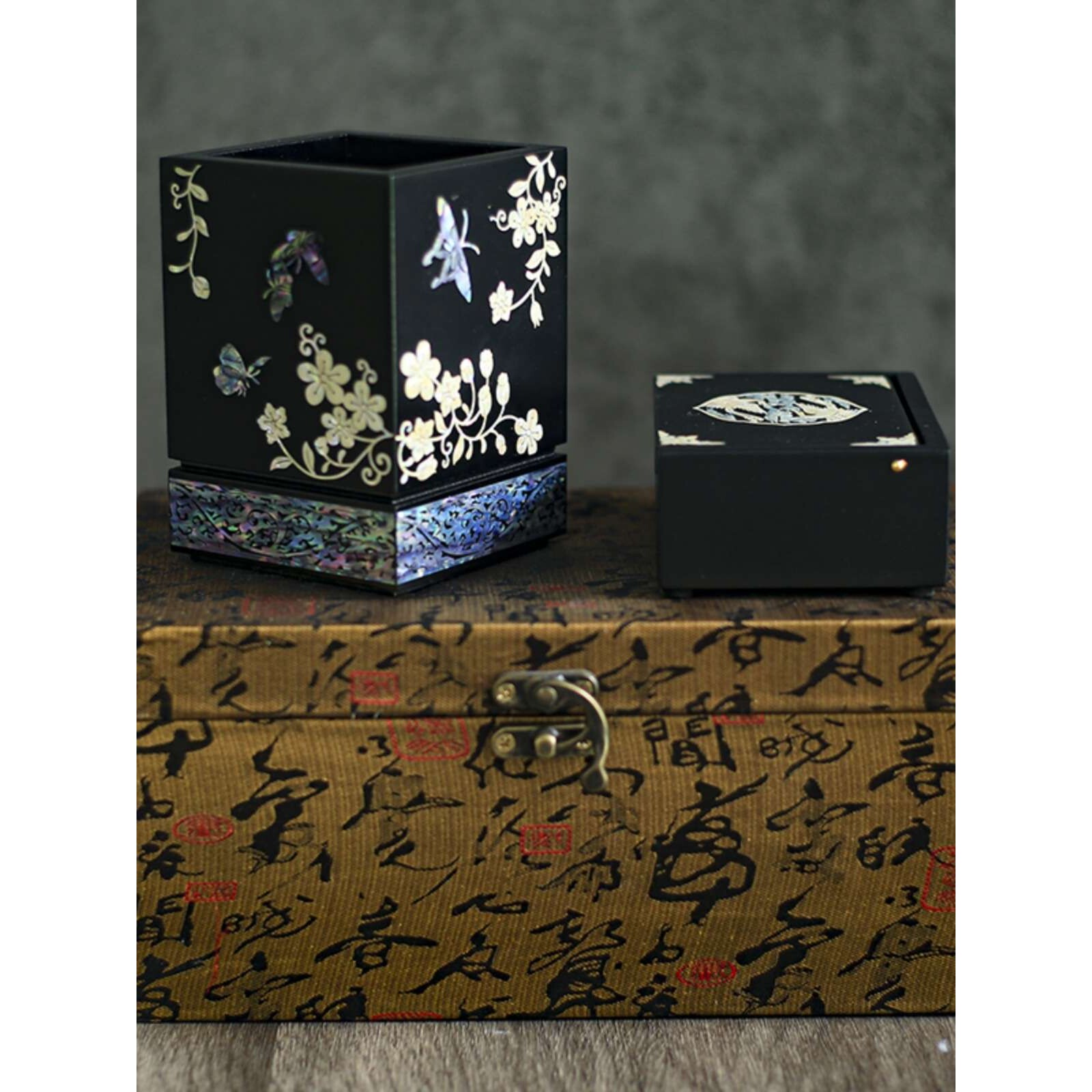 彩色漆器螺钿笔筒名片盒套装送老外礼品扬州特产贝壳中国风礼物