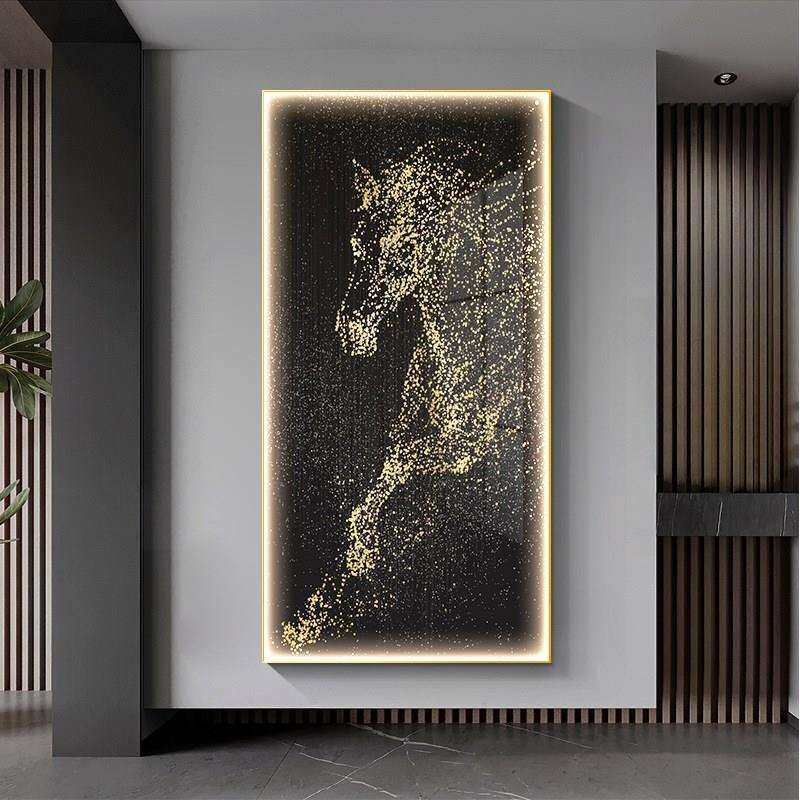 现代轻奢玄关装饰画马抽象走廊过道尽头壁画高级感led灯客厅挂画