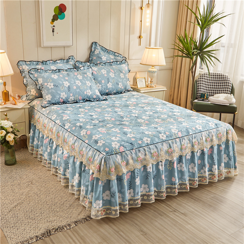 极速斜纹全棉床裙式加厚床罩四件套蕾丝被套夹棉床套防U滑1.8m床