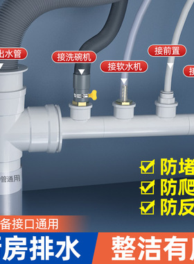 新品厨房水槽洗碗机净水器洗菜盆前置洗衣机排水T管内插三通接头