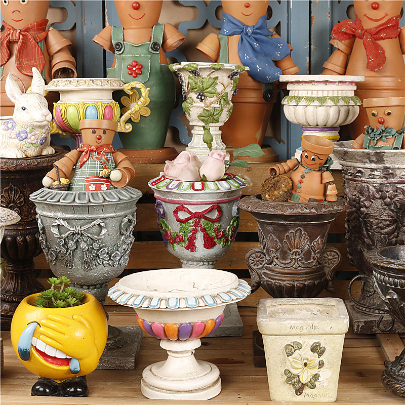 新品美式欧式复古怀旧树脂人物高B脚奖杯花盆花器户外庭院花园装