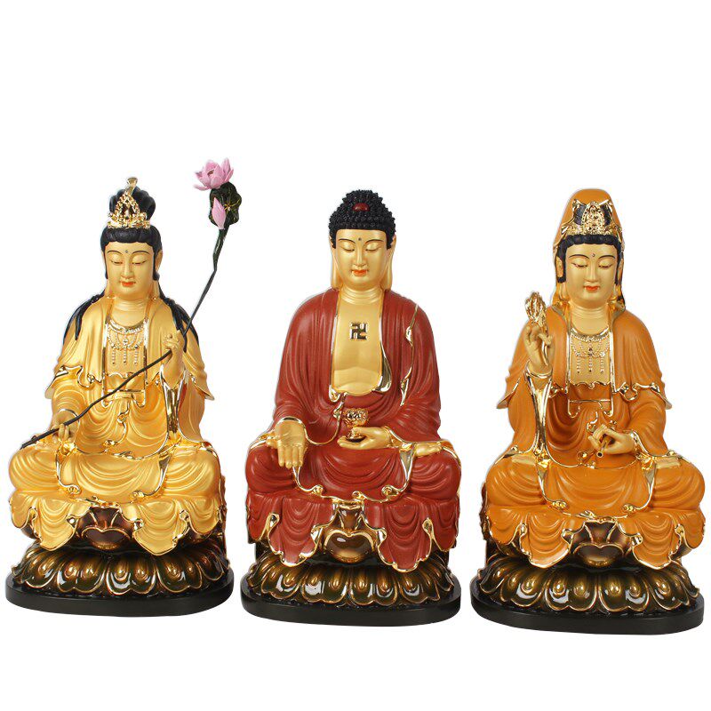 新品台湾观音菩萨佛像摆件纯铜鎏金彩绘观L音佛像家用西方三圣铜