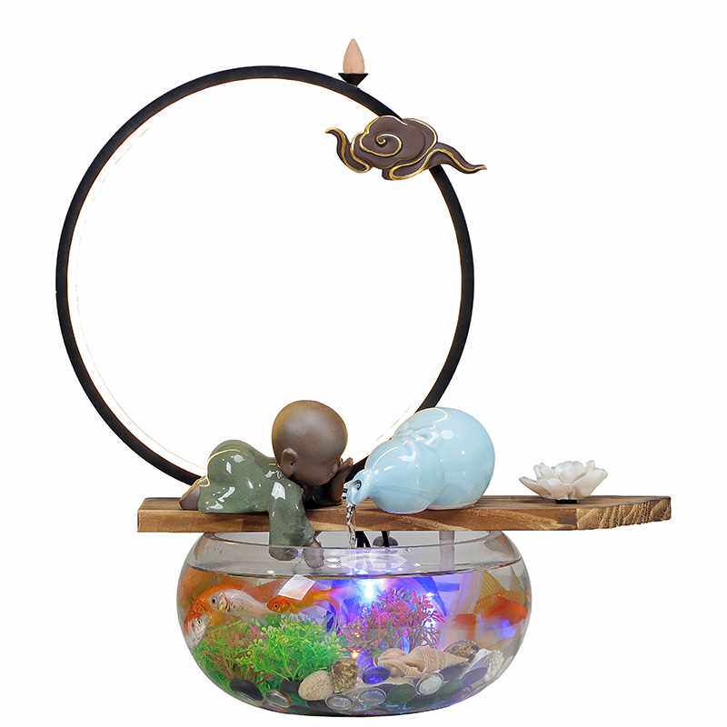 新品。风水香鱼缸j灯饰桌面摆件招财摆设客厅流水创意家居倒流守