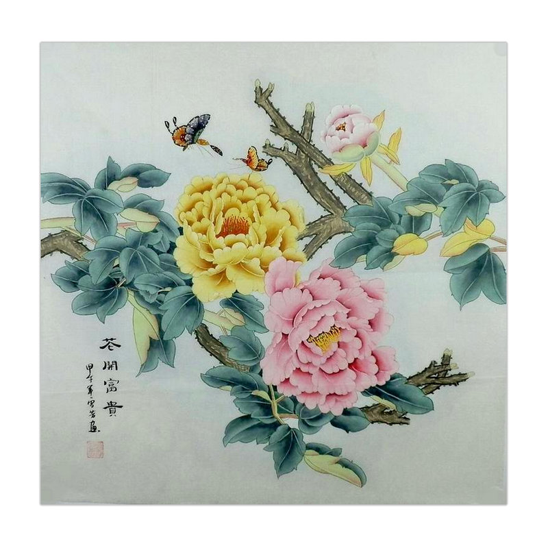 牡丹花鸟画鸡工笔画国画四尺斗方纯手绘字画客厅走廊装饰顾雪芳GG图片