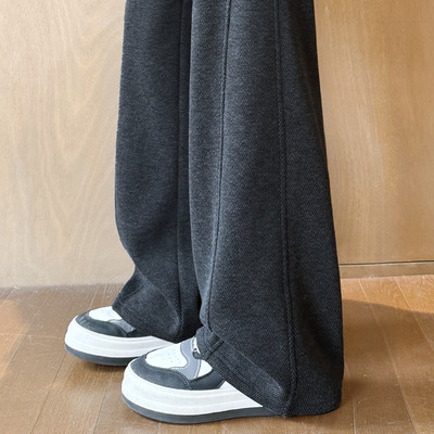 醋酸羊毛呢阔腿裤女秋冬季加绒2025新款窄版直筒小个子香蕉弯刀裤