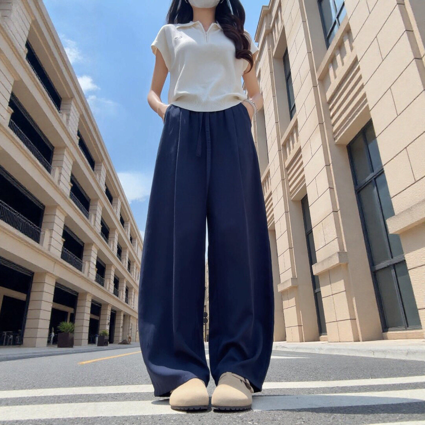 藏青色亚麻弯刀裤女夏季薄款老钱风宽松慵懒大码休闲棉麻阔腿长裤