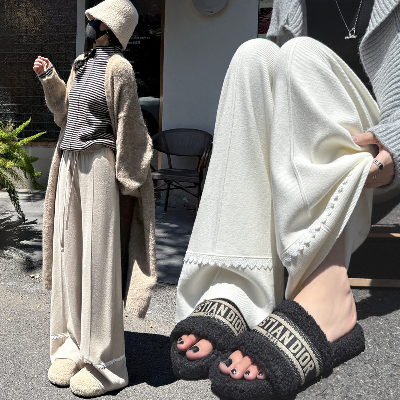 白色针织毛线阔腿裤女秋冬加厚显瘦直筒裤高腰垂感花边拖地长