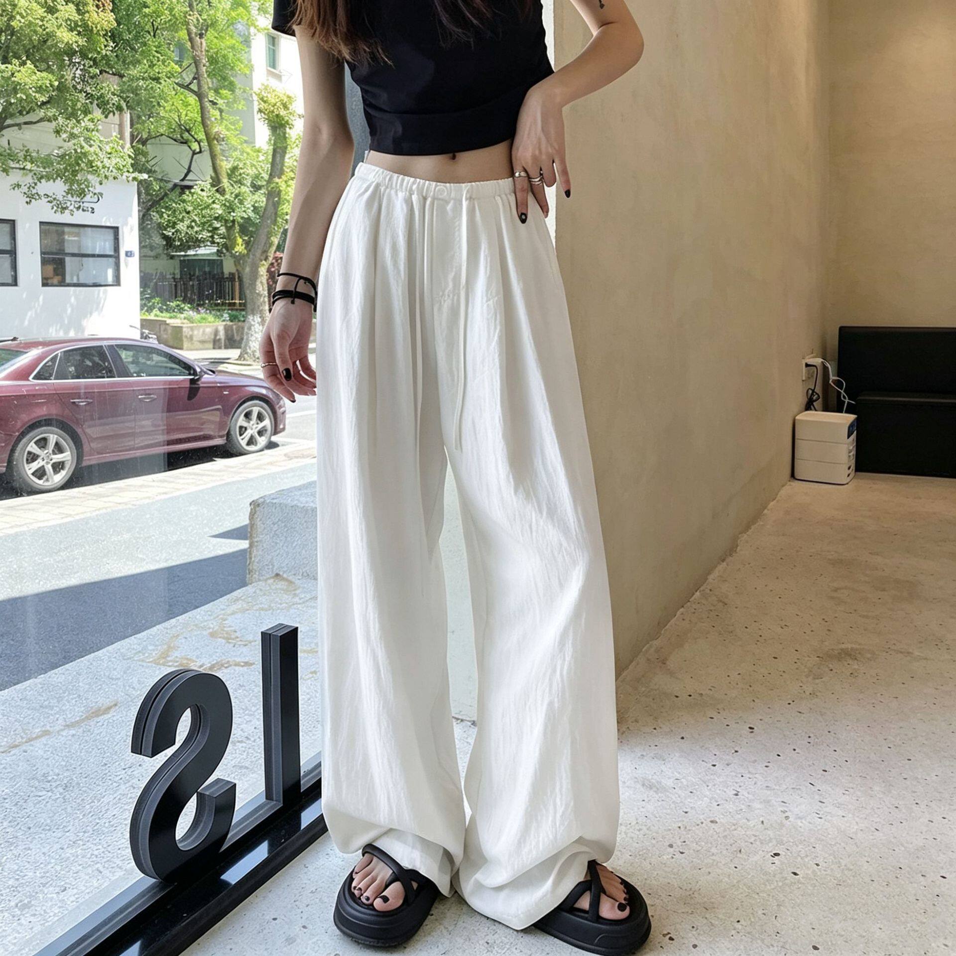 白色冰丝阔腿裤女2026夏款棉麻亚麻高腰垂感直筒休闲拖地防晒裤子