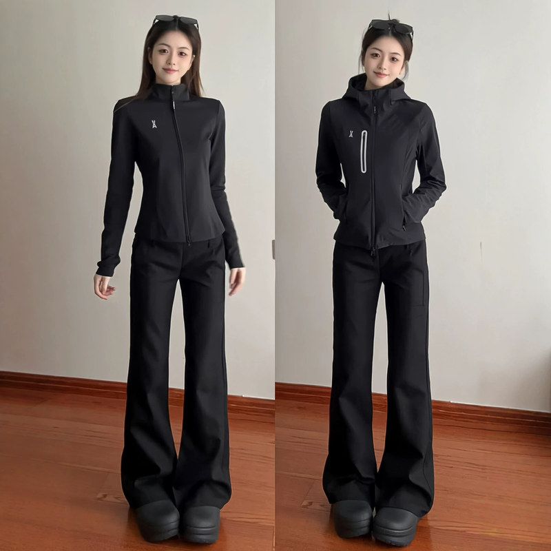 韩系秋季加绒黑色喇叭裤女高腰显瘦小个子开叉西装窄版马蹄微喇裤