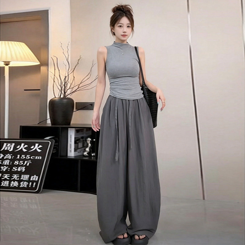 深灰色宽松百搭休闲裤女2026夏季新款韩系简约松紧腰慵懒显瘦长裤