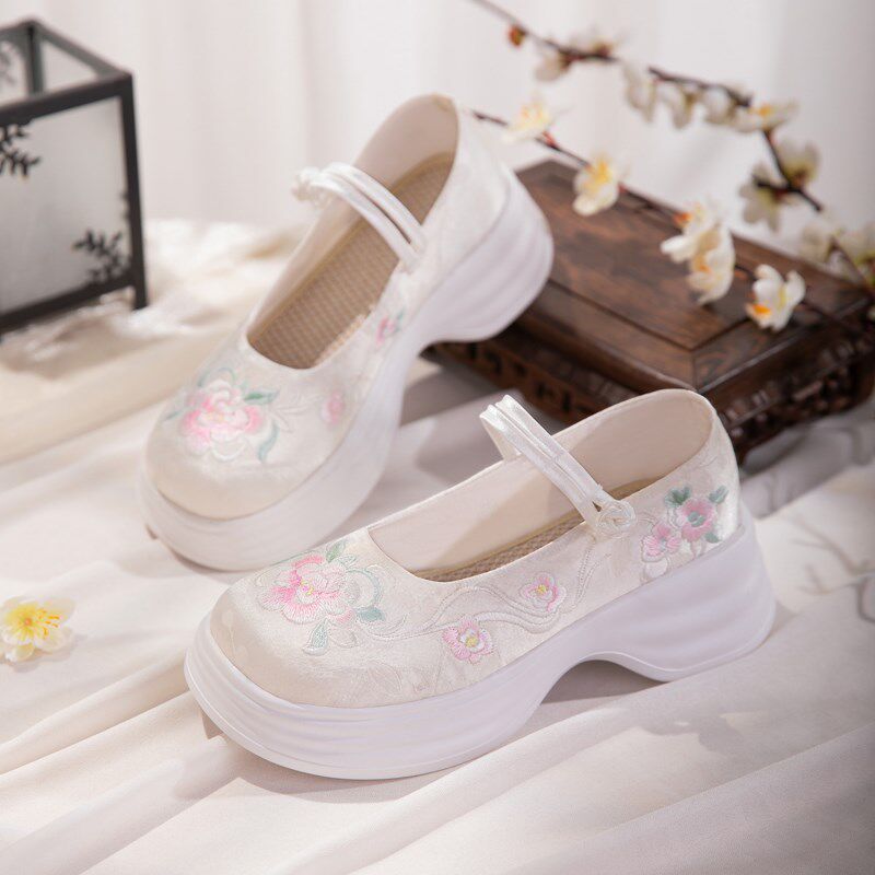 极速新中式绣花鞋小个子女生厚底增高松糕鞋舒适S百搭配旗袍国风