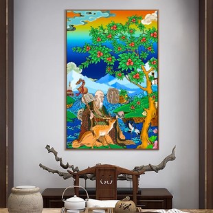 西藏客厅装饰画吉祥四瑞八宝高端晶瓷画长寿老人唐卡装饰画晶瓷画
