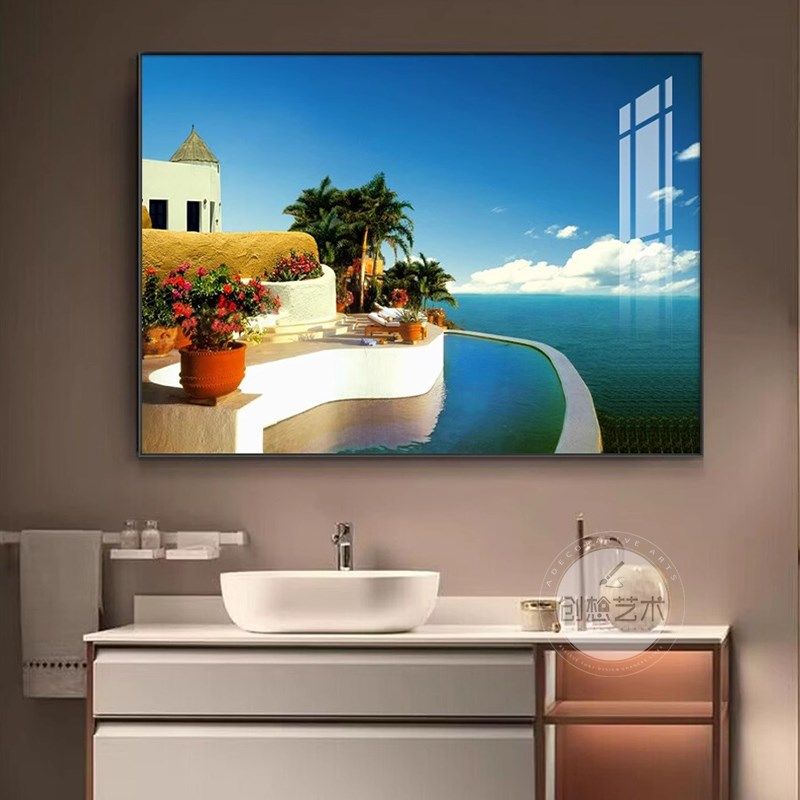 大海风景卫生间挂画免打孔地中海浴室厕所壁画民宿酒店卧室装饰画