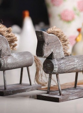 zakka纯手工动物小人装饰摆件 仿旧手工木马 家居摆件