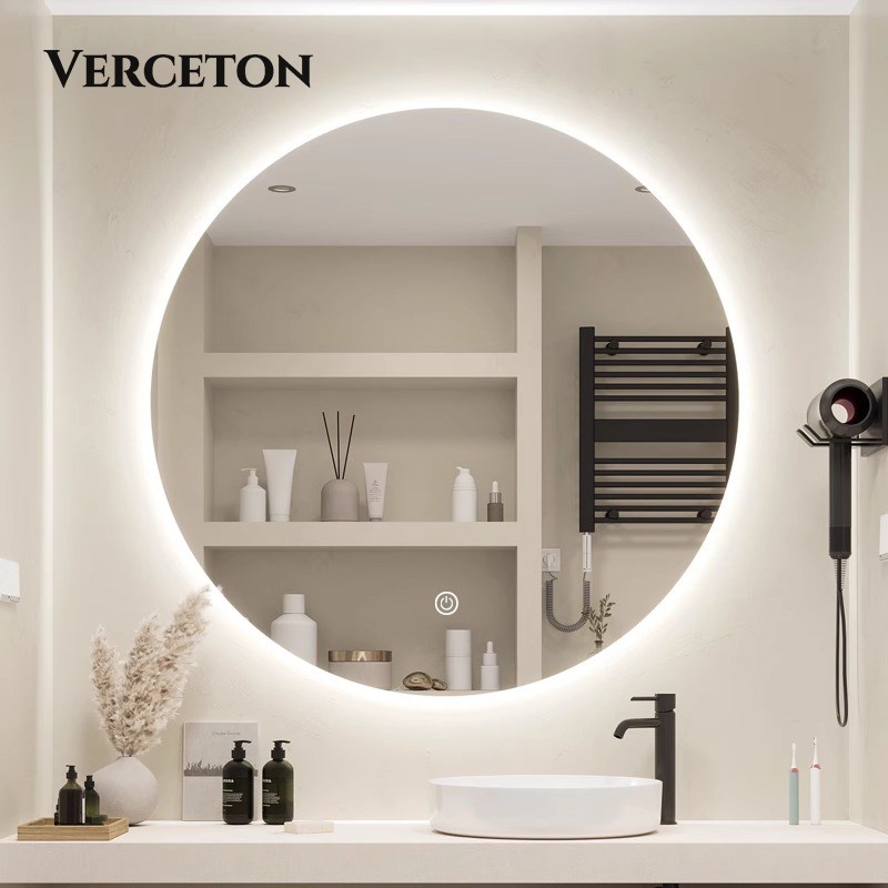 卫生间圆形浴室梳妆镜子挂墙式智能LEED三色灯光触摸屏防雾化妆镜