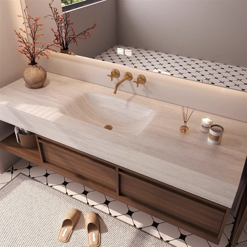 浴室柜组合洞石色中古风岩板热弯一体盆化妆室洗手池单洗漱台双槽