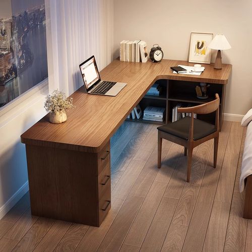 实木写字转角书桌书柜一体书架组合客厅家用卧室L形带抽屉电脑桌