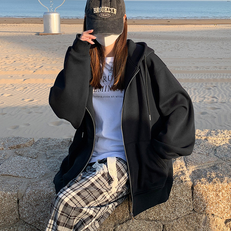 速发黑色外套春衫024新闲慵懒宽松上衣休款即墨拉链开2连帽卫衣