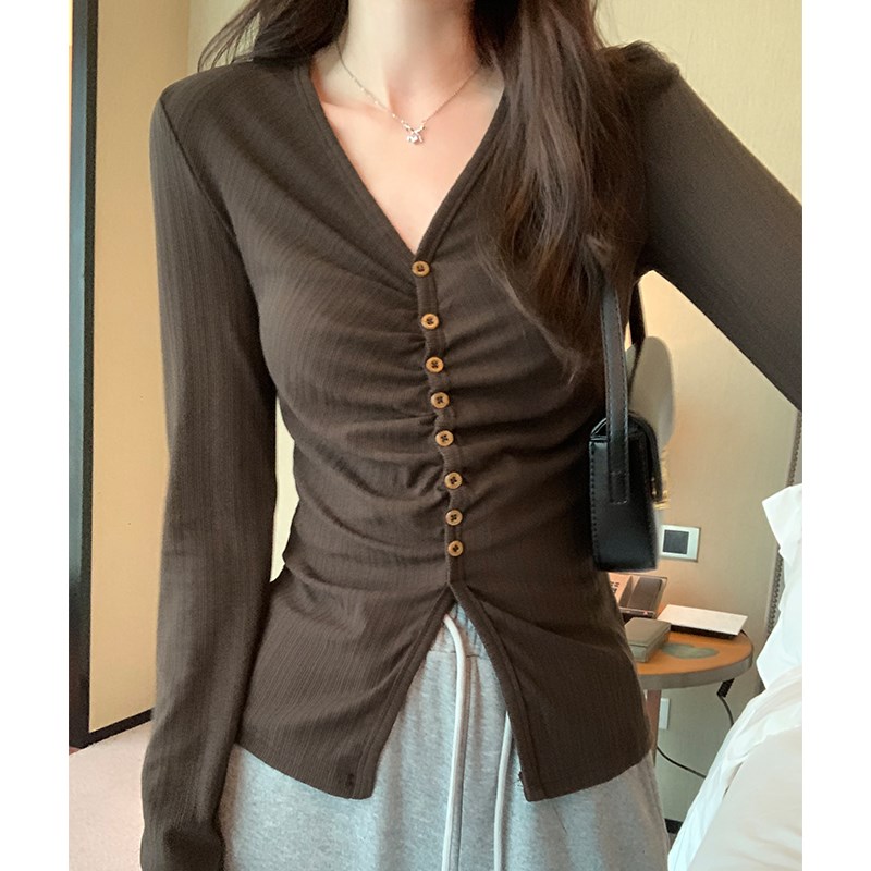 速发suseyiku 小个子V领抽褶长袖T恤春季202年4新款内搭打底衫