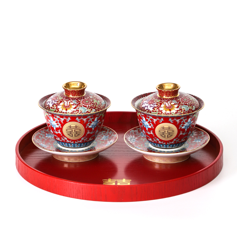 速发结婚敬茶杯彩茶杯创意陶瓷盖碗改敬口茶套装婚庆茶杯一对