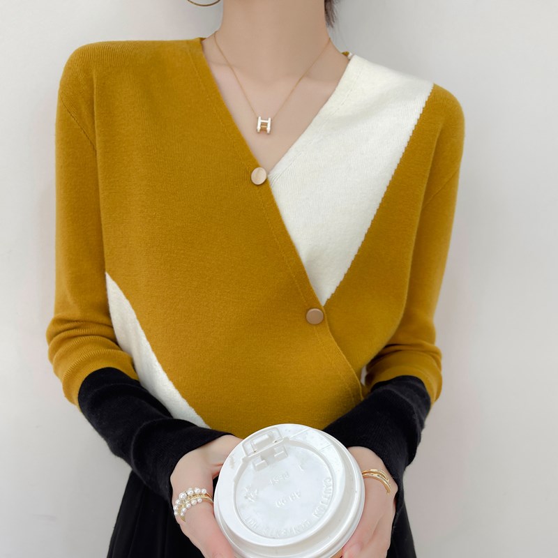 速发2领针织衫春秋小022设计感V众不规则撞色打底衫上衣