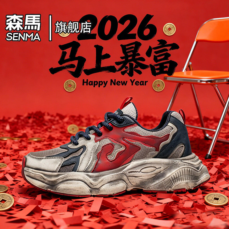 森马本命年红色男鞋2026新款春季复古做旧运动休闲厚底增高老爹鞋,流行男鞋,时尚休闲鞋,淘宝优惠券,粉丝福利购,淘宝优惠卷