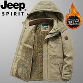 棉服多袋中长款 JEEP吉普棉衣加绒加厚外套男户外大码 爸爸冬装 棉袄