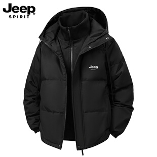 吉普Jeep冬季连帽羽绒服男黑色中长款保暖百搭商务外套保暖外套