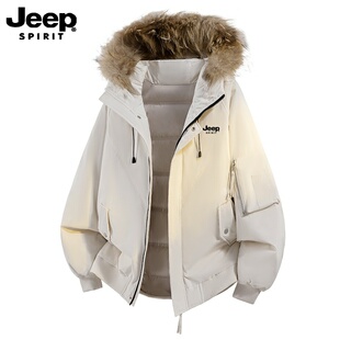 吉普JEEP男款冬季新款毛领连帽羽绒服男工装飞行外套加厚保暖上衣