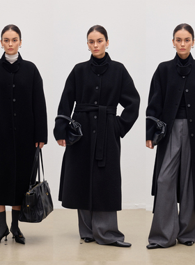 JESTOMS | 都市旋律 100%羊毛立领外套女可拆卸腰带长款毛呢大衣