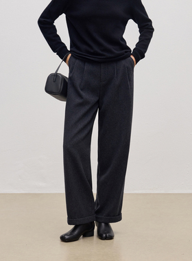 JESTOMS | 高智感50%羊毛混纺西装裤女经典廓形毛呢翻边休闲裤