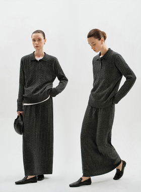 JESTOMS | 长期衣橱_高智麻花羊毛polo领毛衣/半身裙通勤套装女