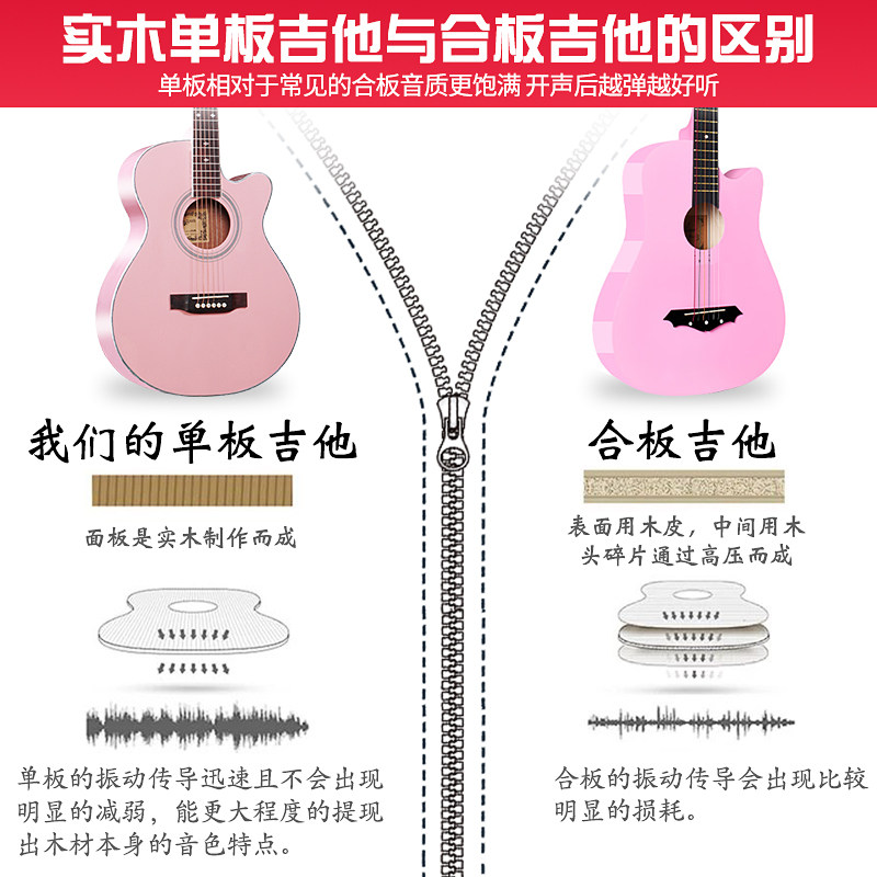 新品马丁密思粉色全单板吉他36寸40寸F38寸41民谣初学者女生用电