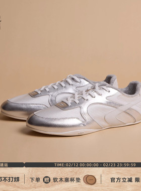 GLITTER FOCUS乃万同款 复古薄底鞋芭蕾男女银色牛皮休闲德训鞋