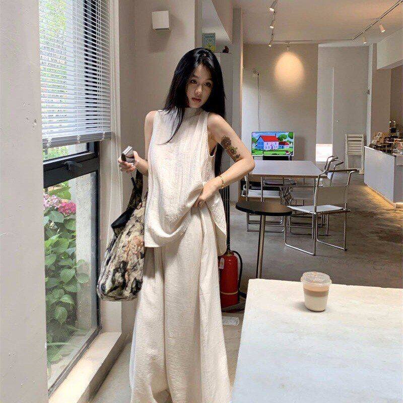 夏季新款女小个子松弛感穿搭休闲套装无袖背心高腰阔腿裙裤两件套