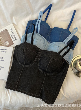 复古做旧牛仔小吊带 黑色露背裹胸上衣 蕾丝拼接外穿打底衫批发