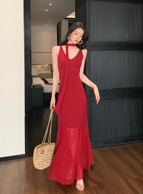 JIJINQI夏季v领无袖露肩连衣裙挂脖飘带针织拼接网纱红色休闲长裙
