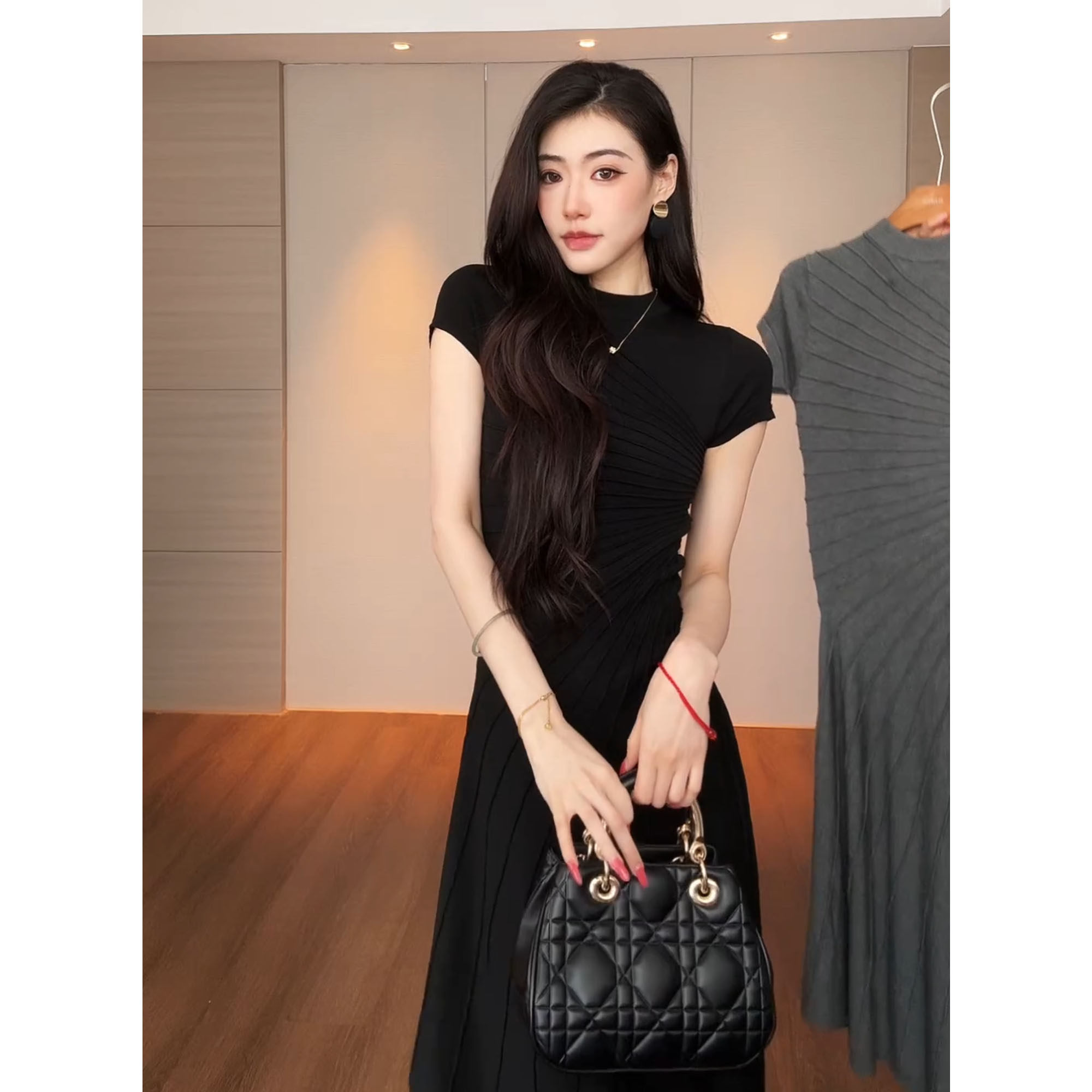 JIJINQI夏季短袖不规则收腰连衣裙气质显瘦晚礼服度假风长裙子女
