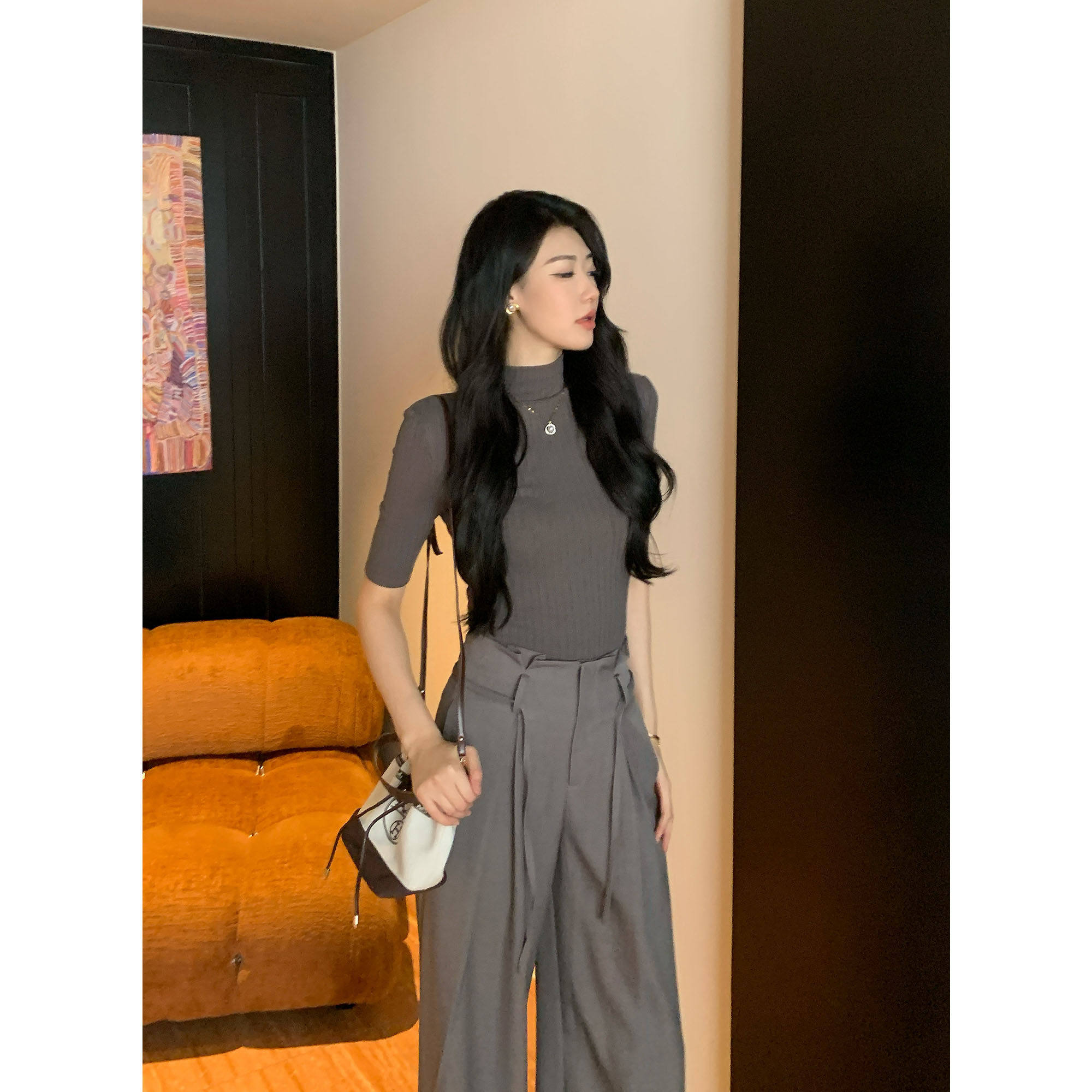 JIJINQI春款针织显瘦打底上衣女修身简约休闲百搭御姐长袖针织衫