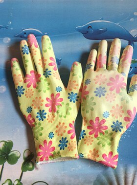 极速包邮尼龙紫兰女士花色PuU涂层浸胶涂掌印花劳保薄透气工作干