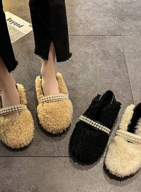 极速日本GdP软底毛毛鞋女外穿2023秋冬季一脚蹬珍珠平底豆豆鞋加